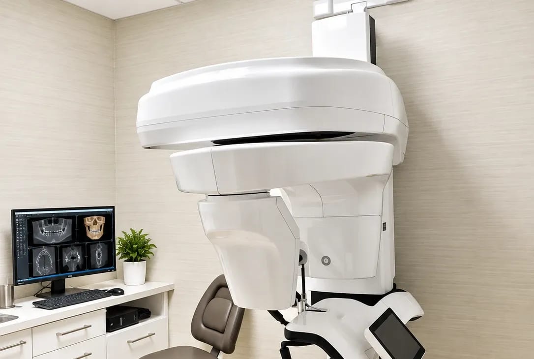 The 3D cone beam CT scanner at the Pearl River office, with a 3D scan of the teeth and jaw on the screen beside it