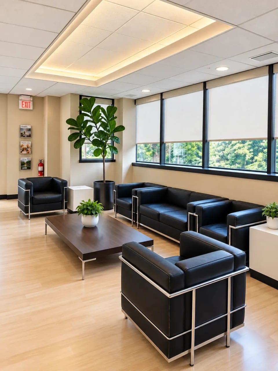 Bright waiting room with leather seating, a fiddle-leaf fig and tall windows overlooking trees