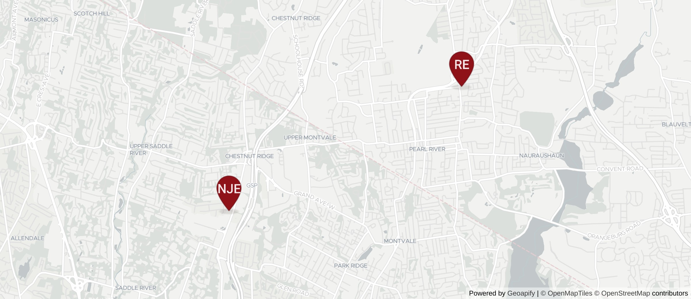 Map showing Rockland Endodontics in Pearl River, NY and Northern Jersey Endodontics in Woodcliff Lake, NJ, about 3.5 miles apart